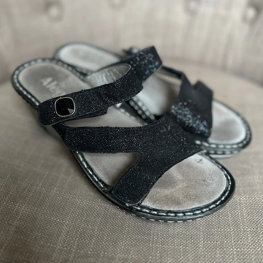 Alegria PG Lite‎ Black Glitter Wedge Sandals Women 35 Gemstone Comfort Slip On